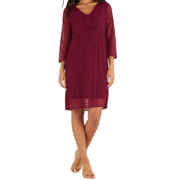 Xhilaration Burgundy Lace V Neck 3/4 Sleeve Dress Medium - Picture 2 of 13